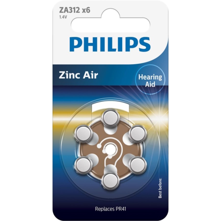 1x6 Philips Zinc-Air PR41 / 312 Hörgeräte Batterie #1
