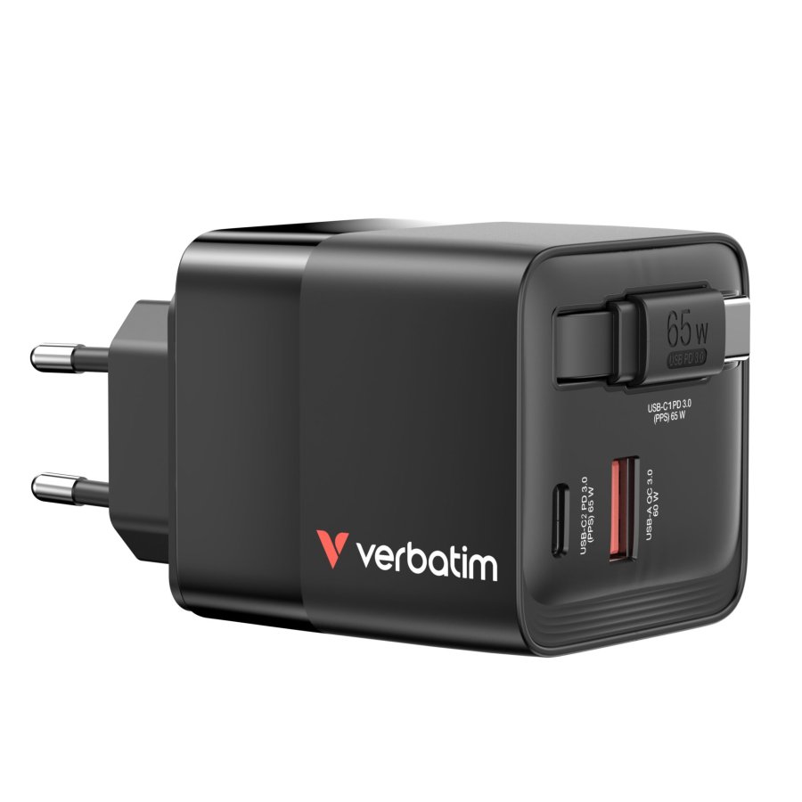 Verbatim Gan Charger 65W 2xUSB-C PD,1xUSB-A, retrac. Cable  32217 #1