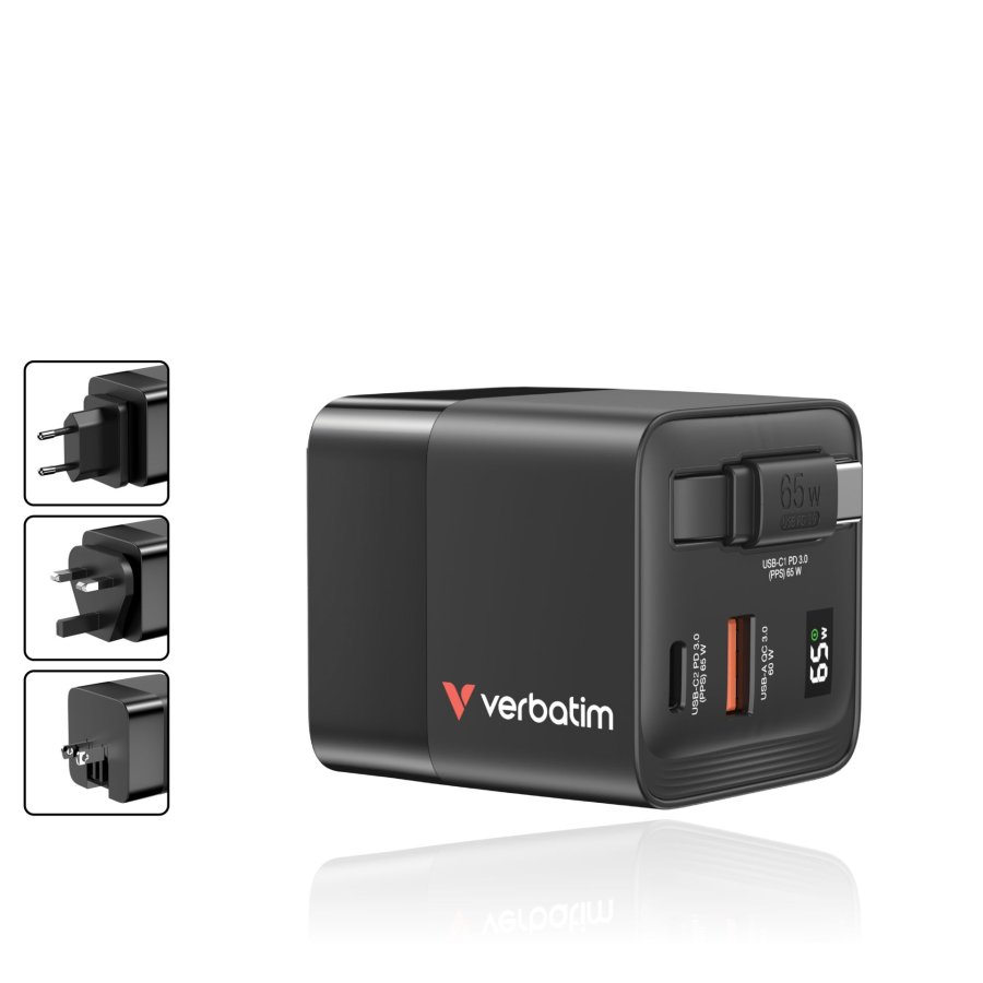 Verbatim Gan Charger 65W 2xUSB-C PD,1xUSB-A, retrac. Cable  32217 #6