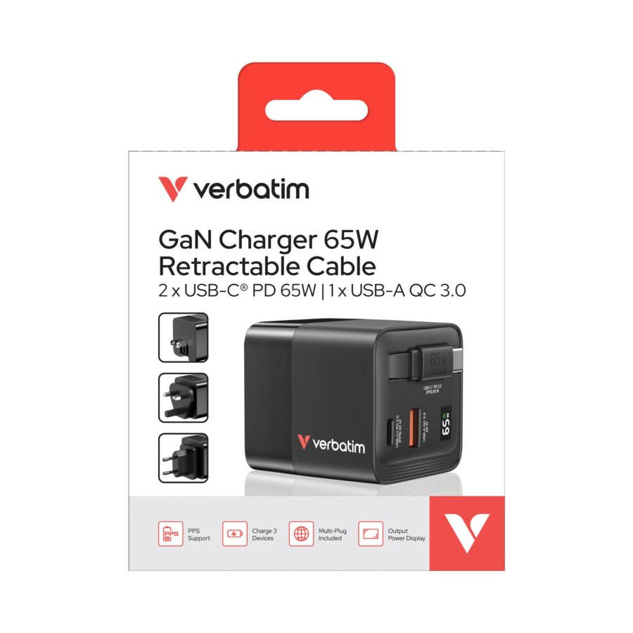 Verbatim Gan Charger 65W 2xUSB-C PD,1xUSB-A, retrac. Cable  32217 #7