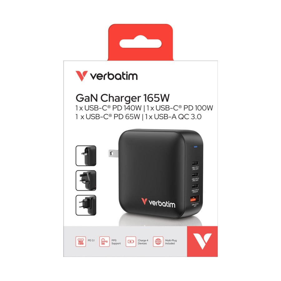 Verbatim Mini GaN Charger 165W 3xUSB-C 1xUSB-A US/EU/UK A.32216 #6