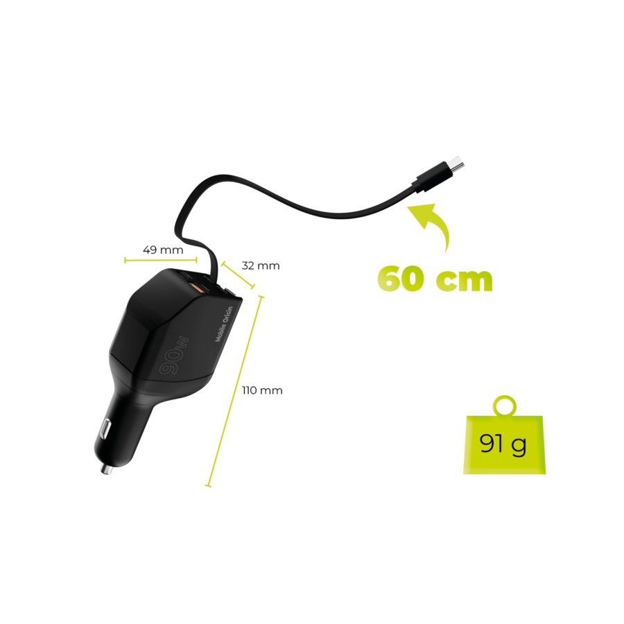 Mobile Origin 90W Car Charger CA22 USB-C+USB-A 2x cable 60cm #14