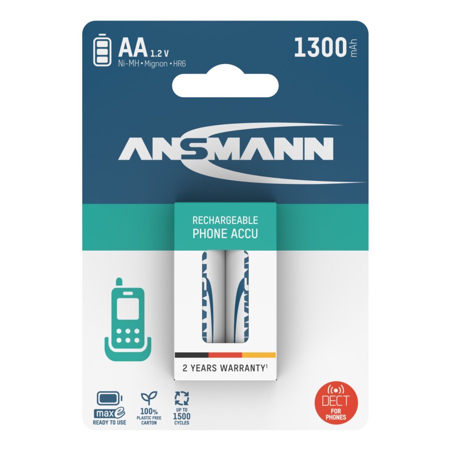 1x2 Ansmann maxE NiMH rech.bat. Mignon AA 1300 mAh DECT PHONE #1