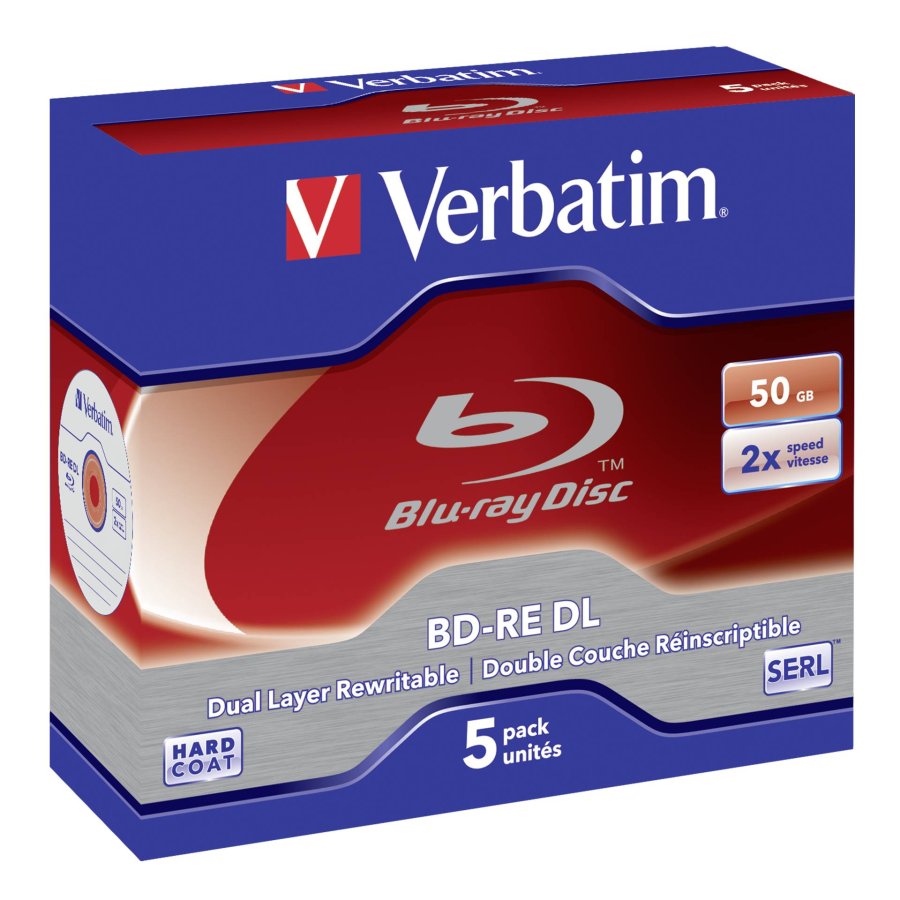 1x5 Verbatim BD-RE Blu-Ray 50GB 2x Speed, White Blue Surface JC #1