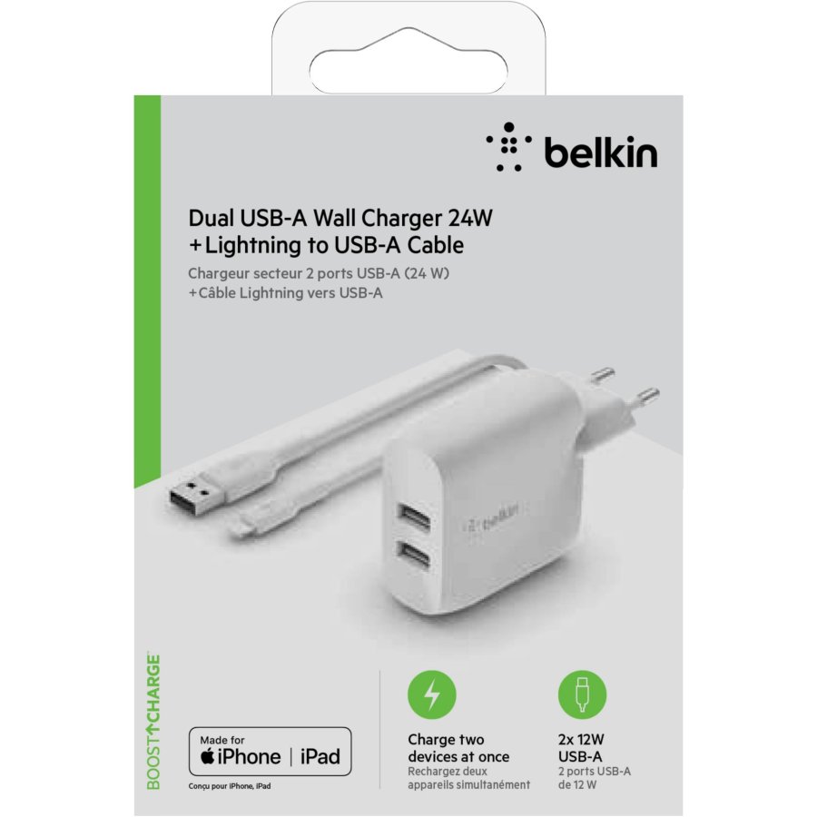 Belkin Dual USB-A Charger, 24W incl. Lightning Cable 1m, white #1