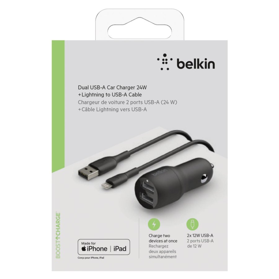 Belkin USB-A Car Charger 24W 1m Lightning-Cable  CCD001bt1MBK #1