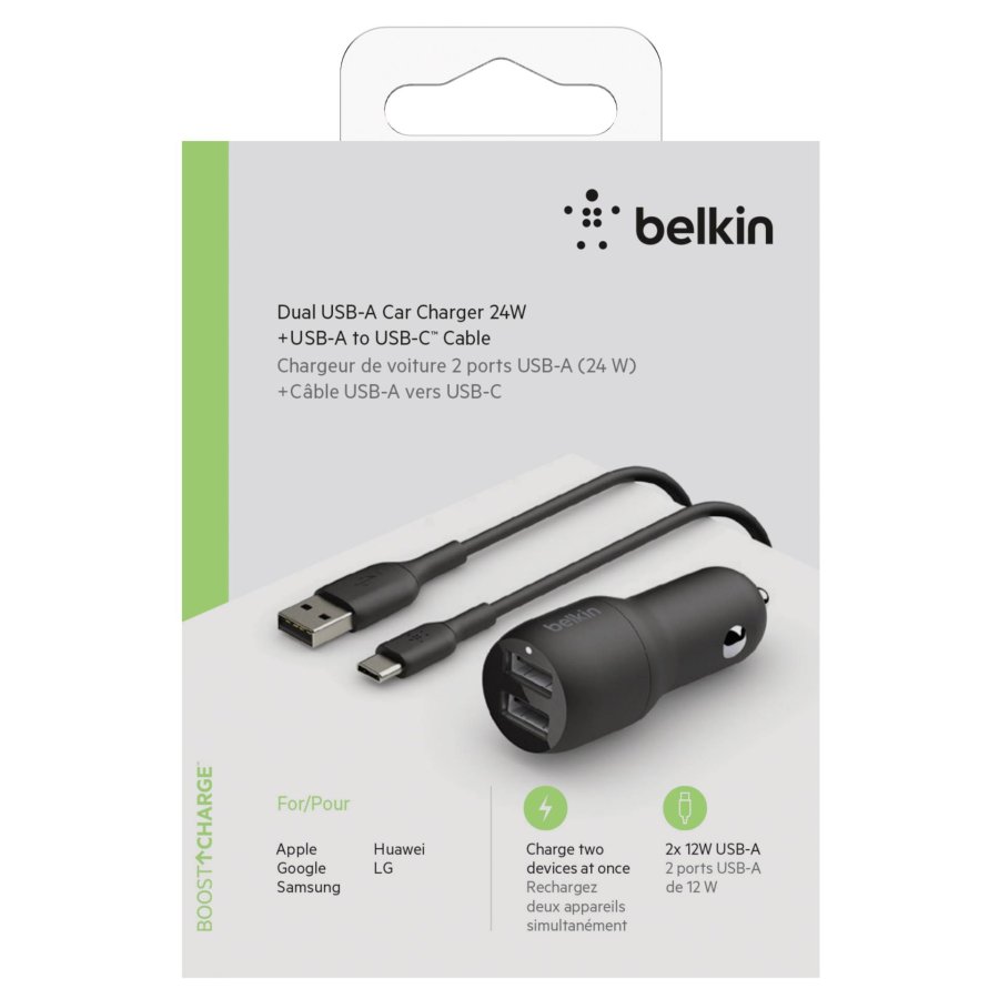 Belkin USB-A Car Charger 24W 1m USB-C Cable sw. CCE001bt1MBK #1