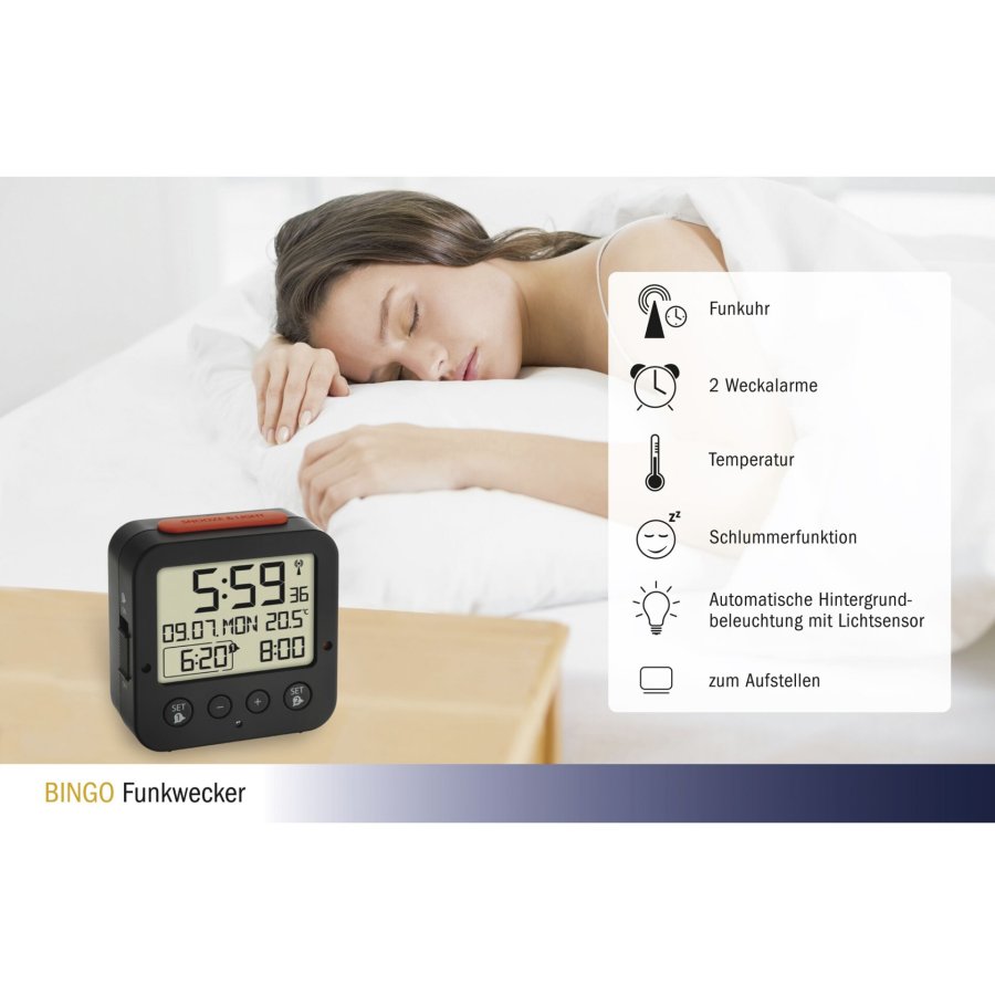 TFA 60.2528.01 Bingo black Digital RC Alarm Clock w. Temper #2