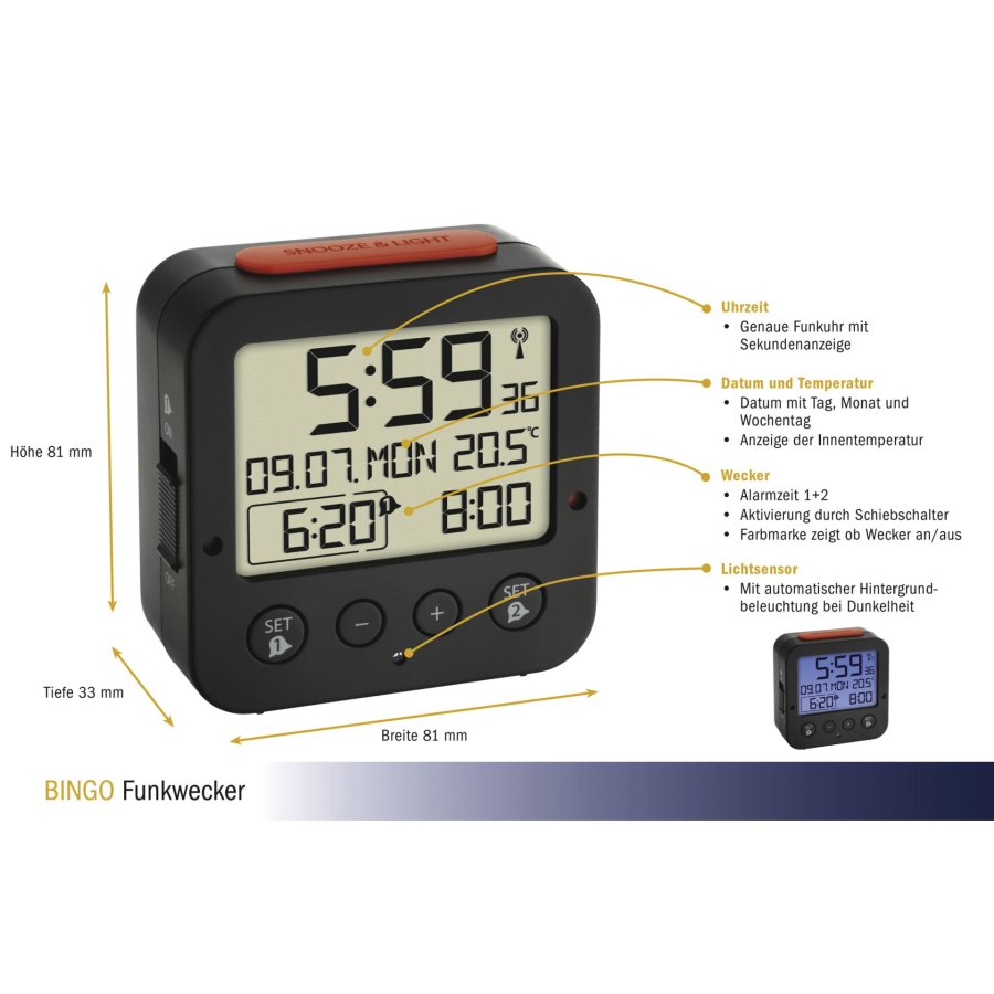 TFA 60.2528.01 Bingo black Digital RC Alarm Clock w. Temper #3
