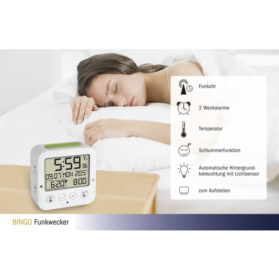 TFA 60.2528.02 Bingo white Digital RC Alarm Clock w. Temper #3