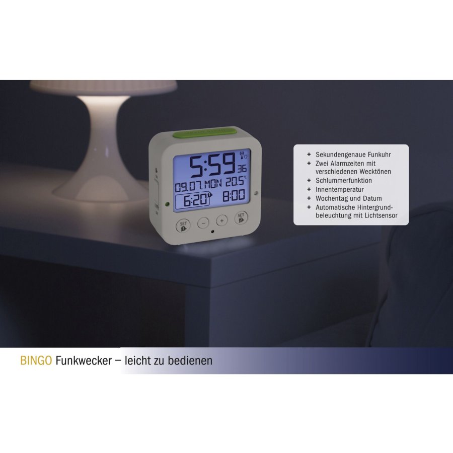 TFA 60.2528.02 Bingo white Digital RC Alarm Clock w. Temper #4