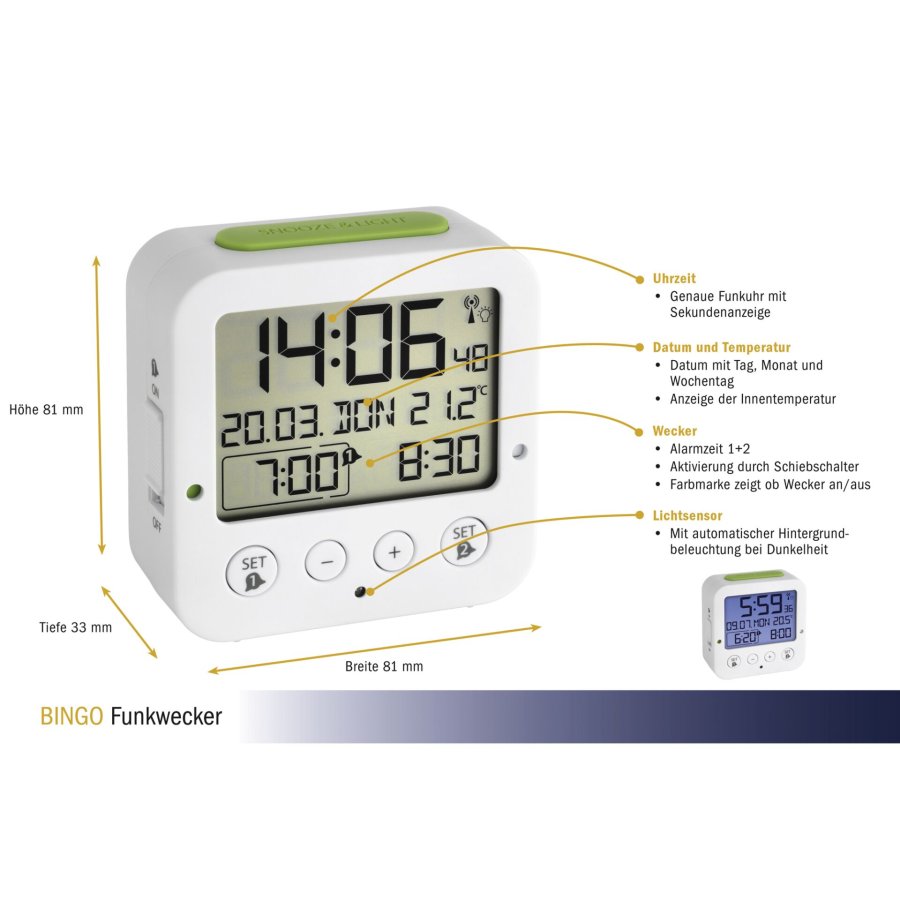 TFA 60.2528.02 Bingo white Digital RC Alarm Clock w. Temper #5