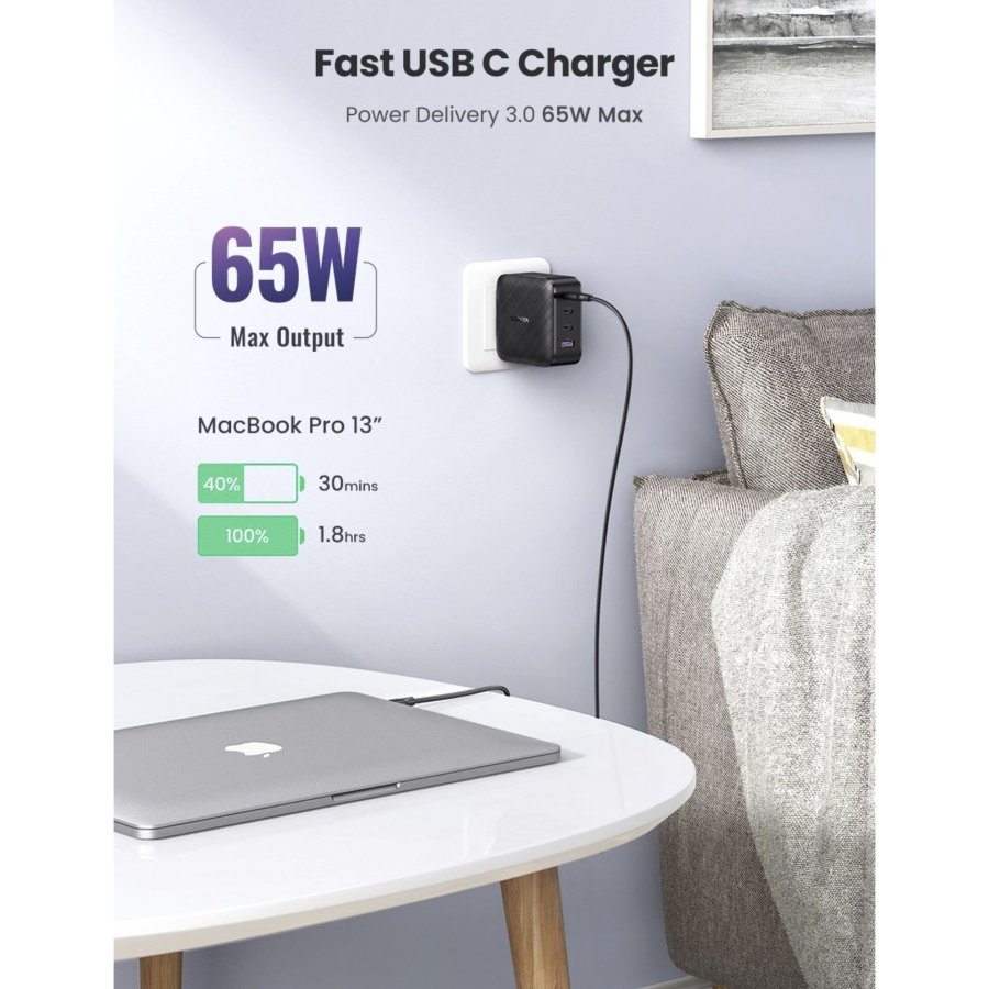 UGREEN USB-A+3xUSB-C 65W  GaN Tech Fast Wall Charger EU Black #4