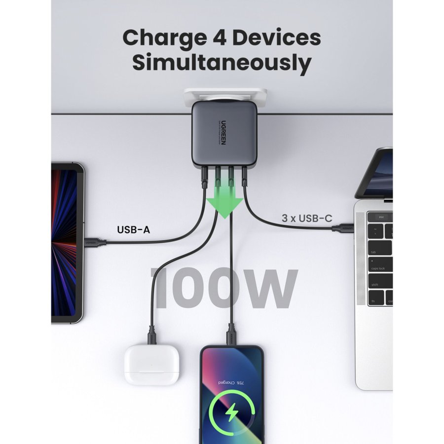 UGREEN USB-A+3xUSB-C 100W GaN Wall Charger USB C-C Cable Black #2