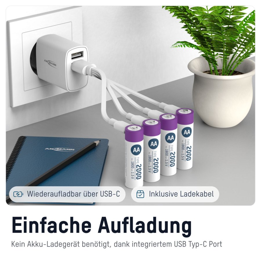 1x4 Ansmann Lithium Akku Mignon AA 1800mAh + Cable     1312-0036 #12