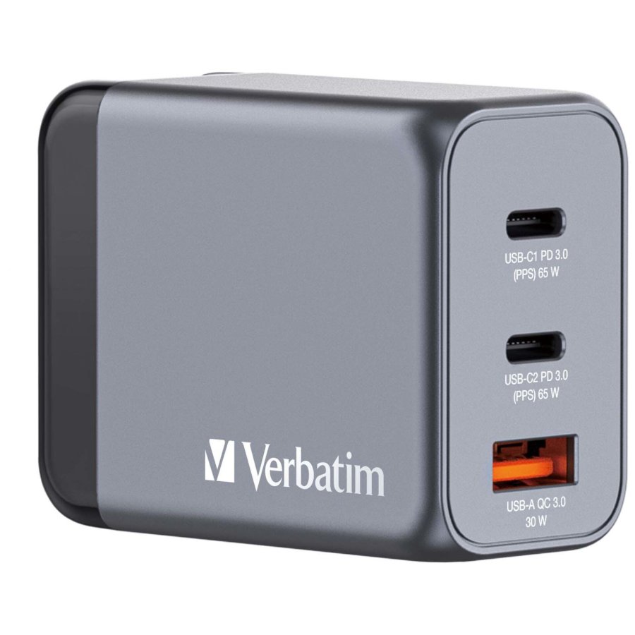 Verbatim GNC-64 GaN Charger 65W 2xUSB-C PD, 1xUSB-A QC 3.0 32201 #1