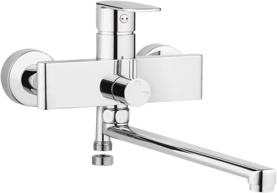 Wall-mounted washbasin and bath mixer with extended spout - hose connection #1