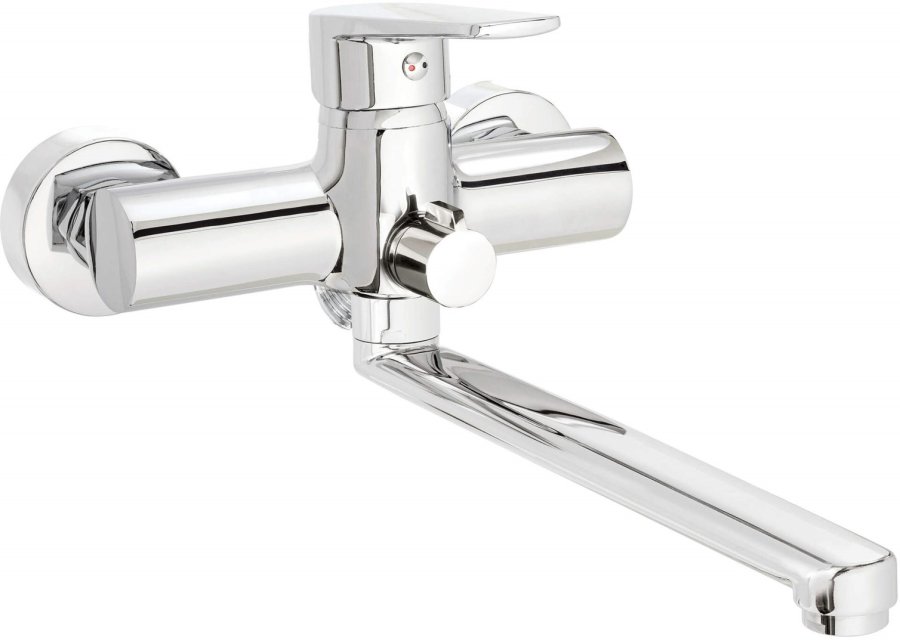 Wall-mounted washbasin and bath mixer with extended spout - hose connection #1