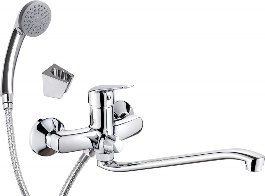 Wall-mounted washbasin mixer with extended spout - hose and shower set connection #1