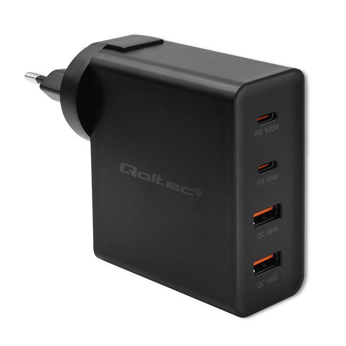 Qoltec GaN POWER PRO Charger | 2xUSB-C | 2xUSB | 130W | 5-20V | 1.5-5A | XP | Black #1