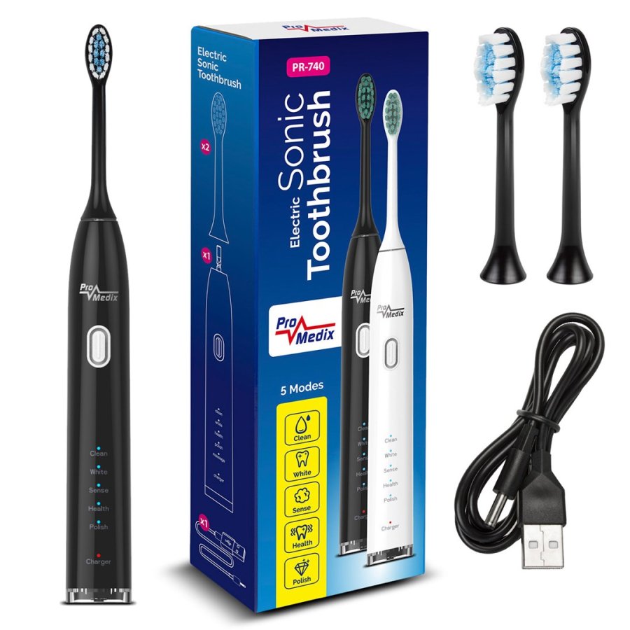 Promedix sonic toothbrush, black color, 5 modes, timer, level indicator battery, 2 ends, USB cable, P #1