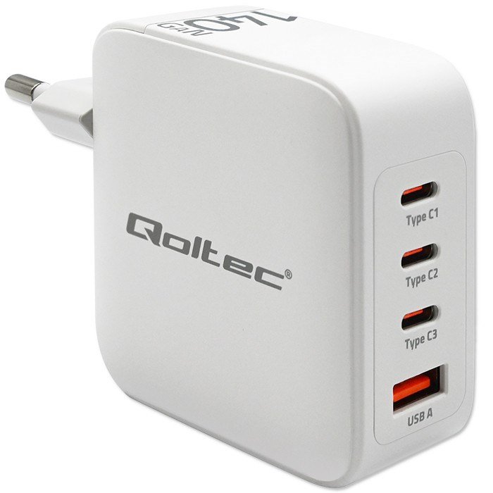 Qoltec 140W GaN Wall Charger | 5-20V | 2.5-5A | 3 x USB-C PD | 1 x USB QC 3.0 | White #1