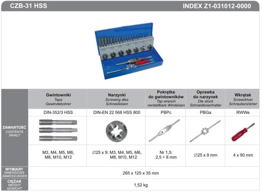 FANAR TAPS + DIES SET 31 pcs. M3-M12 CZB-31 HSS #1