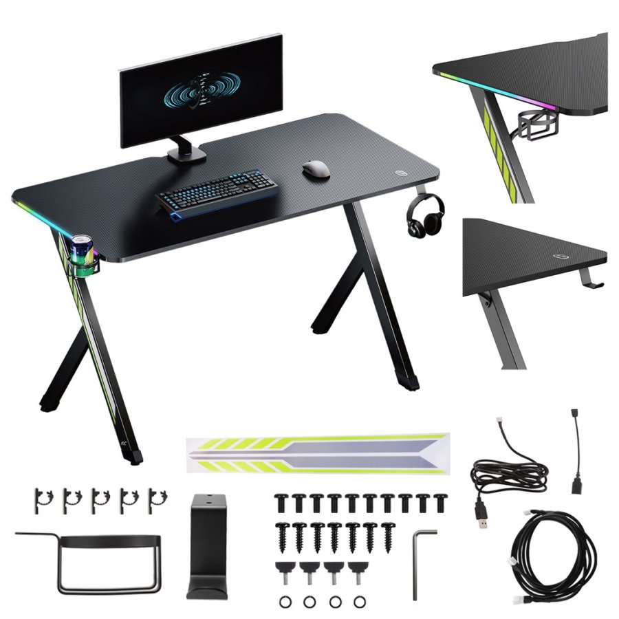 NanoRS gaming desk, black with headphone and cup holder, RGB backlight, max. 75kg, dimensions 1200x600x750mm, RS102 #1