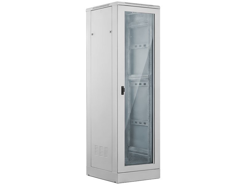 Szafa 24U 600x600, drzwi przednie szklane, drzwi tylne metalowe pene, zamek, 4 belki none, cok� w zestawie, do samodzielnego montau, kolor szary, ALANTEC #1