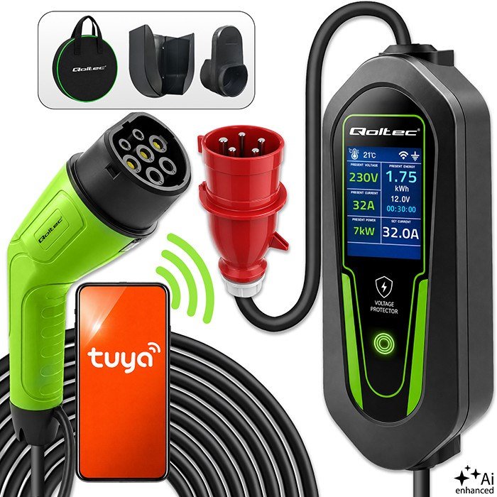 Qoltec Ładowarka do samochodu elektrycznego EV i hybryd z regulacją 2w1 Typ2 | 7kW | 230V | CEE 32A | Wi-Fi | Tuya | Smart life | LCD |  5m #1