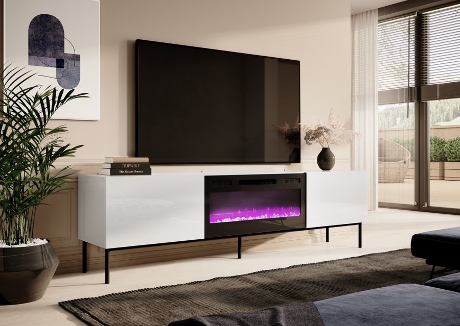 RTV SLIDE 200K kabinet med en elektrisk pejs p en sort ramme 200x40x57 cm alt i hvid hjglans #2