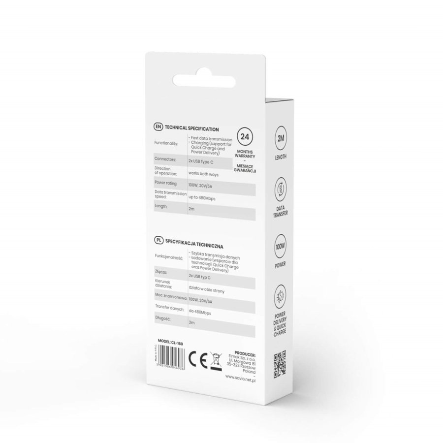 Savio CL-160 USB kabel 2 m USB 2.0 USB C - USB C Sort #4