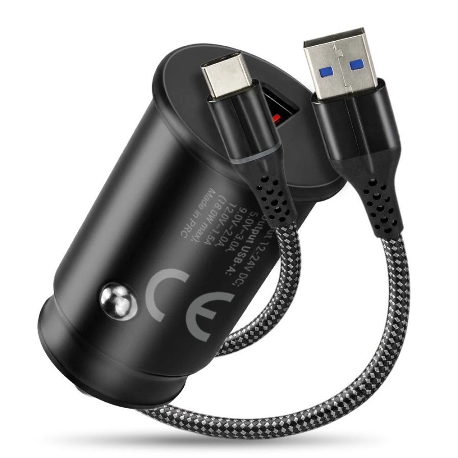 Car charger 1 X USB QC3.0 18W black + cable USB-C 1m #1