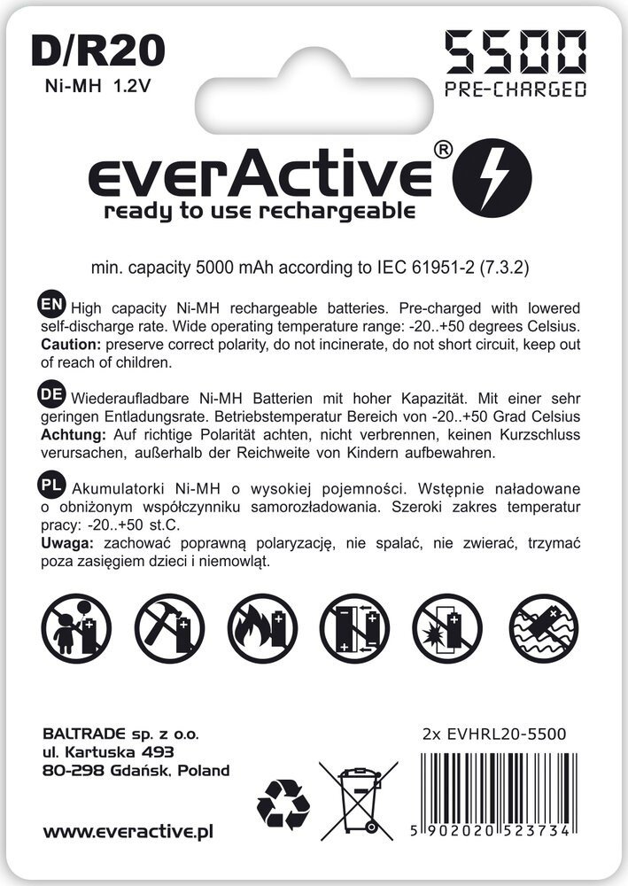 Akkumulatorer everActive R20/D Ni-MH 5500 mAh ready to use #2