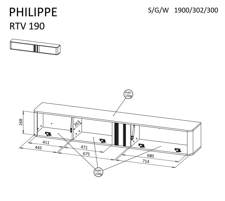 PHILIPPE TV-skab 190x35,3x30 kasmir mat + lille pejs sort #3