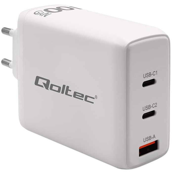 Qoltec 51826 GaN 100W oplader| 5-20V | 1,5-5A | 2 x USB-C PD | 1 x USB QC 3.0 #1