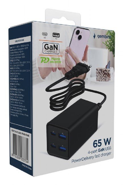 Gembird TA-UC-2A2C-PD65-01-BK oplader til mobil enhed Laptop, Smartphone Sort Vekselstrm Hurtig opladning Indendrs #7