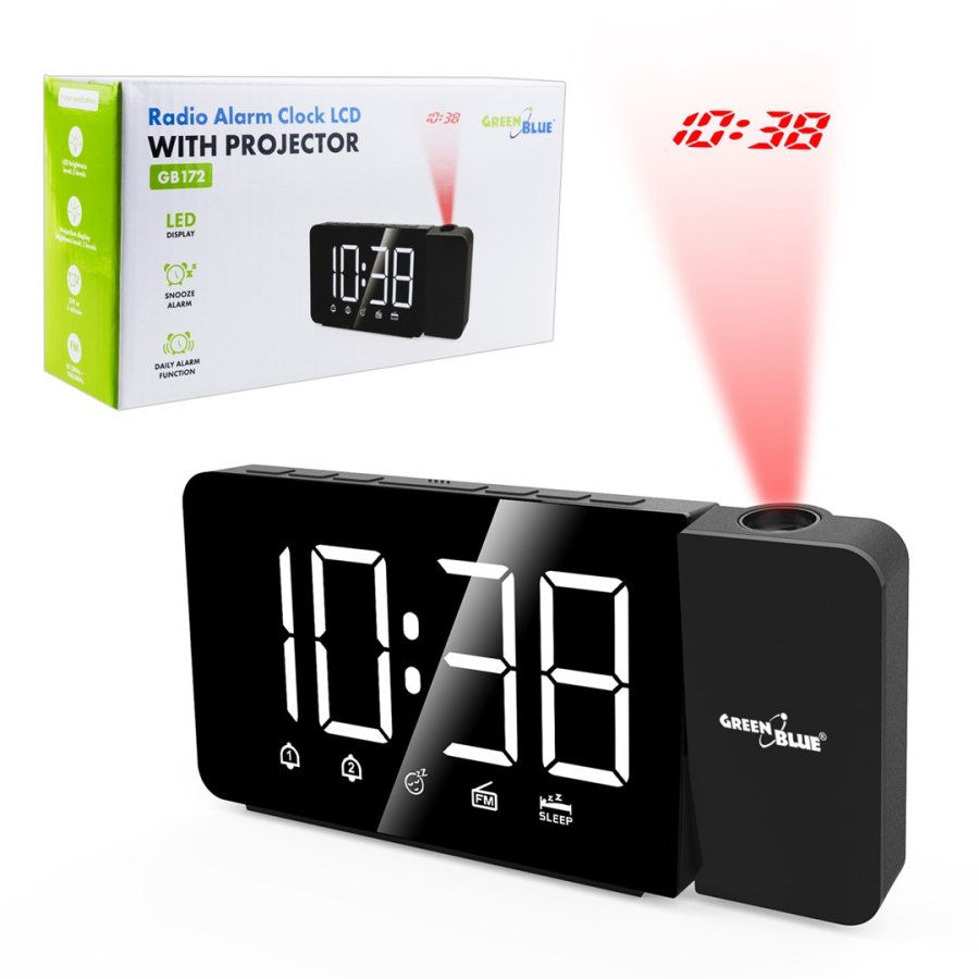 Digital LED-radiowecker med GreenBlue-projektor, FM-radio, alarm, 12/24-timers ur, str�mforsyning USB 5V DC + CR2032, GB172 #1