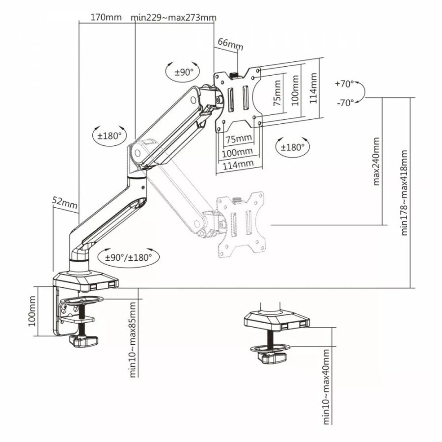 Ergo Office Aluminium Monitor Mount with Gas Spring, Double Arm, VESA 75x75/100x100, 17
