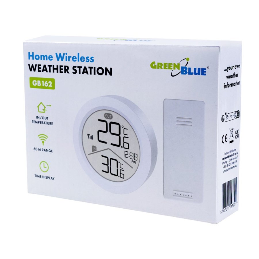 Tr�dl�s vejrstation GreenBlue, temperatur IN/OUT, ur, valg mellem �C / �F, r�kkevidde op til 60 m, GB162 #11