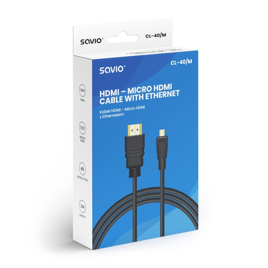 Savio CL-40/M HDMI (M) - micro HDMI (M) kabel med Ethernet, 2 m, sort #3