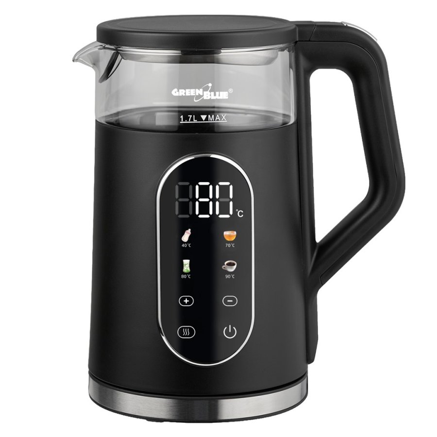 GreenBlue tr�dl�s elkedel, 1,7 l, vandbeholder i glas, letl�seligt display, temperaturvalg, 2200 W, GB670 B #13