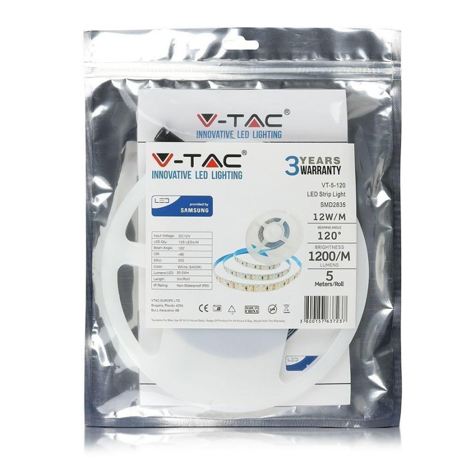 LED-strimmel V-TAC VT-5-120 600LED SAMSUNG CHIP 2835 12V IP20 12W/m 6000K 1200lm (SKU 325) #4