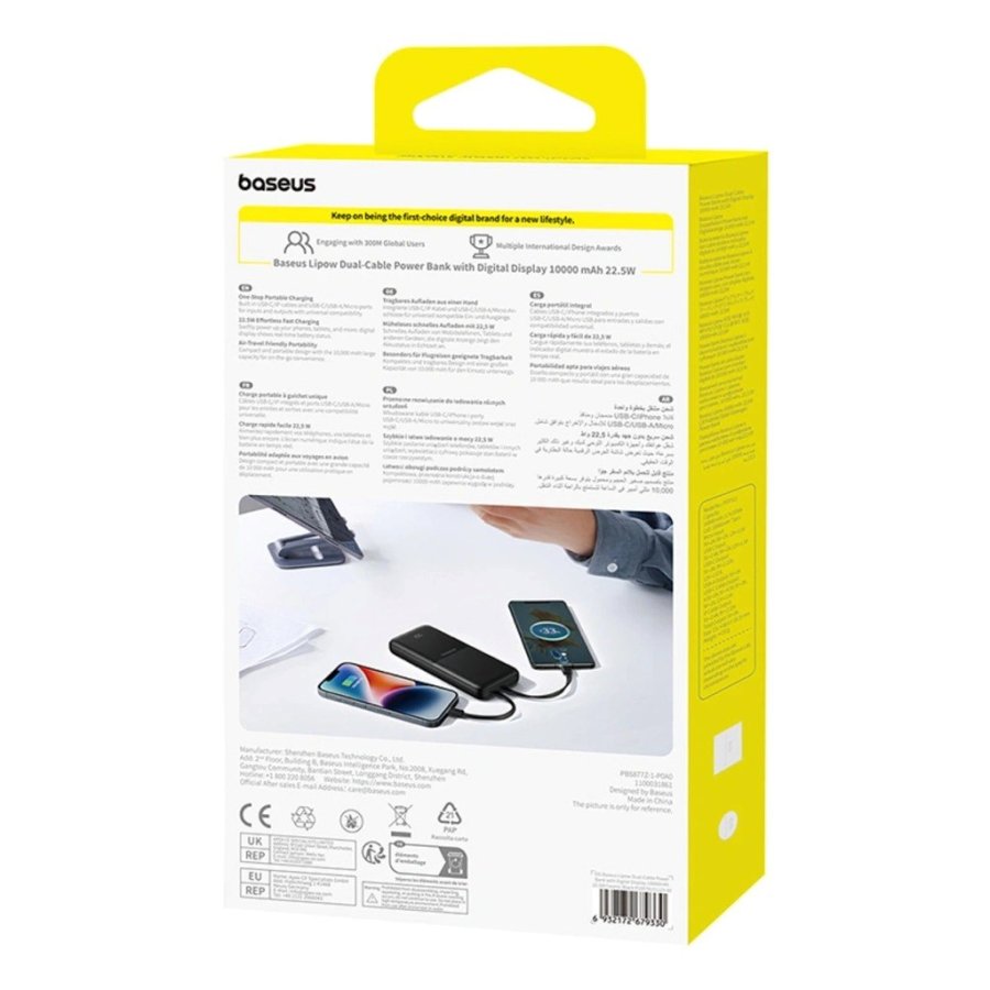 Baseus Lipow Powerbank med dobbelt indbygget kabel og display 10000 mAh 22,5 W Sort #9