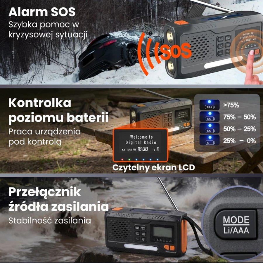Extralink RADIO AWARYJNE BLUETOOTH SOLARNE Z KORBKA DYNAMO POWERBANK 4000MAH Z LATARKA SOS BT-4000 B�rbar Analog & digital Sort, Orange #7