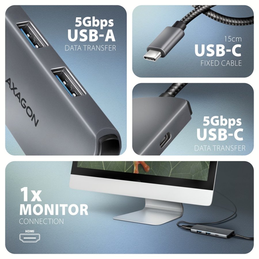 Axagon HMC-5H8K USB 5Gbps hub 2x USB-A USB-C HDMI 8k/30Hz PD 100W kabel USB-C Ledningsfrt USB 3.2 Gen 1 (3.1 Gen 1) Type-C Gr #4