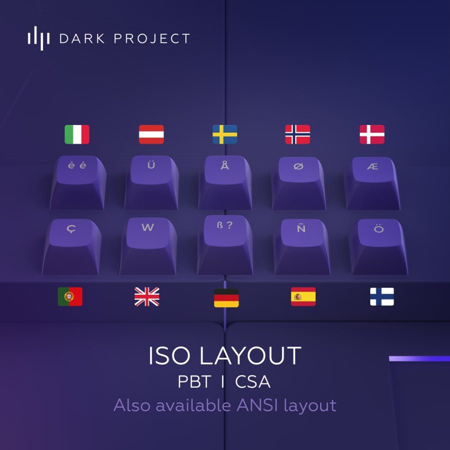 Dark Project ALU87B Celestial, G3MS Voidstone Switch, UK/DE/AT/ES/IT/FI/NO/SE/DK tastatur Spil USB QWERTZ Dansk, Engelsk, Tysk, Italiensk, Nordisk, Norsk, Spansk, Svensk, UK engelsk Lilla #20