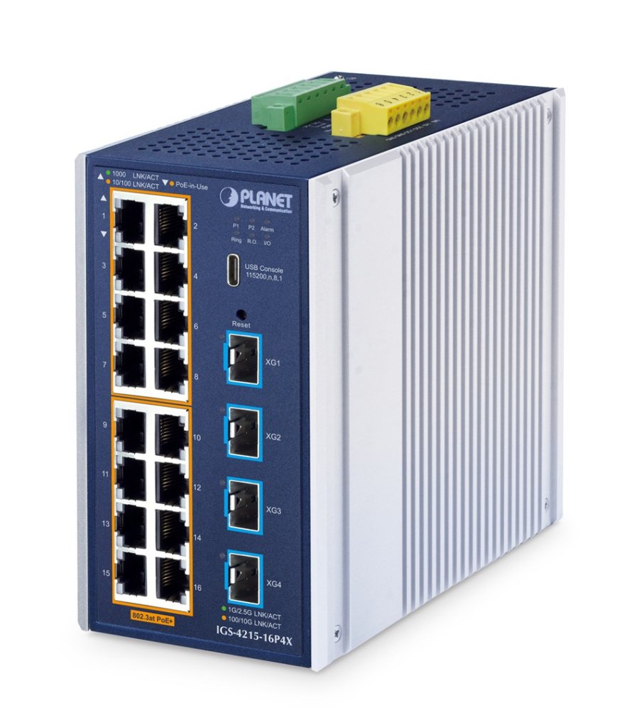 PLANET ndustrial L2+ 16-Port 10/100/1000T 802.3at PoE + 4-Port 10G SFP+ Managed Ethernet Switch Administreret L2+ Gigabit Ethernet (10/100/1000) Str�m over Ethernet (PoE) Aluminium, Bl� #1