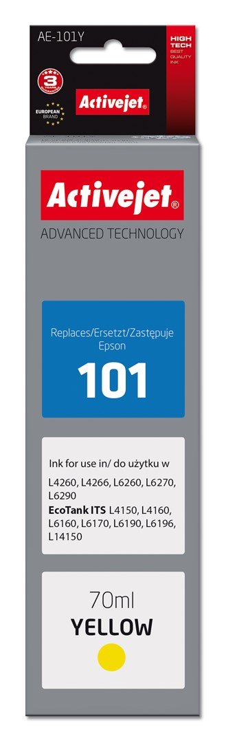Activejet Ink AE-101Y Blkflaske til Epson-printer, erstatning for Epson 101; Supreme; 70 ml; gul #1