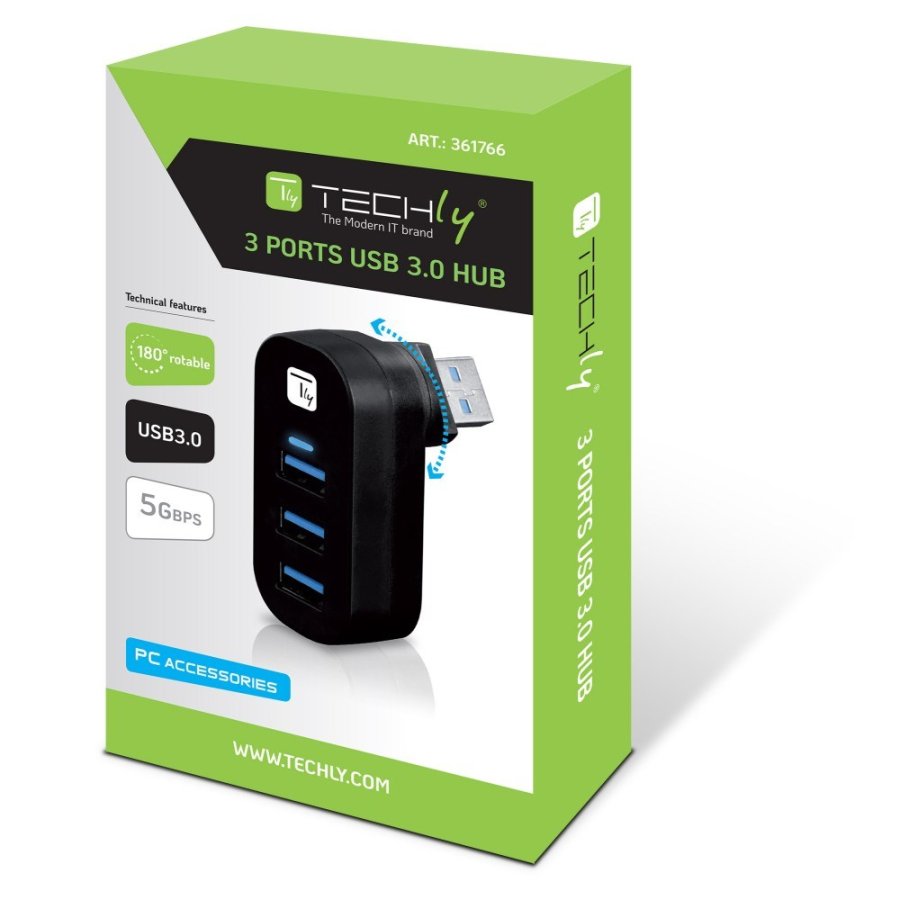 Techly IUSB3-HUB3-ROTB interface hub USB 3.2 Gen 1 (3.1 Gen 1) Type-A 5000 Mbit/s Sort #3